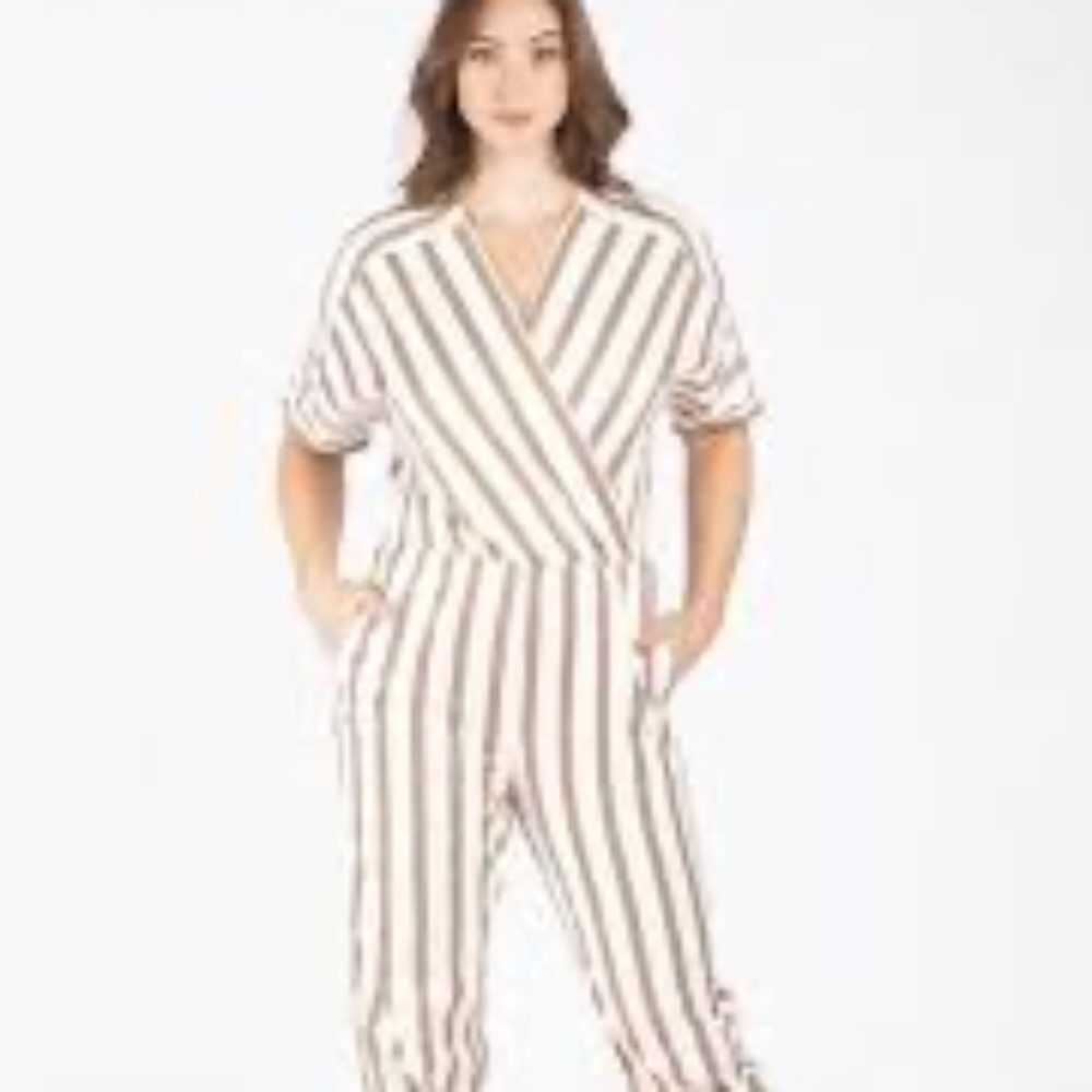 Maje Paris XL Coastal Twill Neutral Striped Jumpsuit